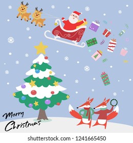 cute cartoon merry christmas card,santa claus with reindeer give presents,couple fox dancing on snow hill with christmas tree,snow and snowflake,illustration vector doodle comic art.