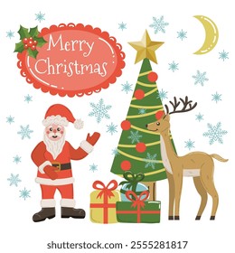 Cute cartoon Merry Christmas greeting card with Santa Claus, presents and deer. 