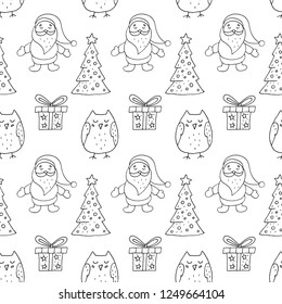 Cute cartoon merry christmas pattern with hand drawn santa claus, christmas tree, gift and owl. Sweet vector black and white merry christmas pattern. Seamless monochrome merry christmas pattern.
