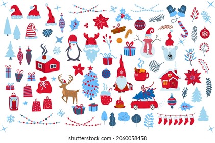 cute cartoon merry christmas xmas and happy new year eve decoration items set with garlands house, winter foliage flowers, car, pine trees, polar bear, snowman, gnome, santa hat, gifts