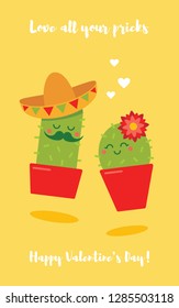 Cute cartoon mexican cactus couple valentine's day vector greeting card