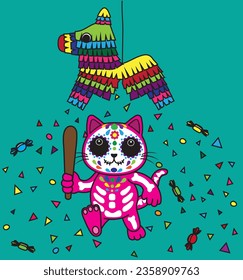 Cute cartoon Mexican cat under piñata