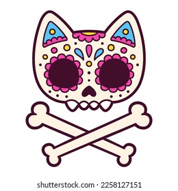 Cute cartoon Mexican painted cat skull   crossbones  Dia de los Muertos (Day the Dead) drawing  vector illustration 