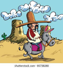 Cute Cartoon Mexican wearing a sombrero riding a donkey in the desert