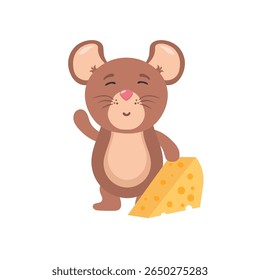 Cute cartoon mice character with cheese happy little pet vector illustration flat design smile baby wildlife animal icon set graphic fun comic tail toy nature mascot drawing isolated small

