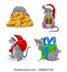 Cute cartoon mice set. Festive holiday mouse icons. Vector comic rats set.