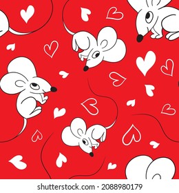 Cute cartoon mice and white heart on red background. Seamless pattern. Vector illustration.