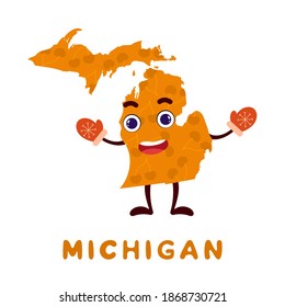Cute cartoon Michigan state character clipart. Illustrated map of state of Michigan of USA with state name. Funny character design for kids game, sticker, cards, poster. Vector stock illustration.