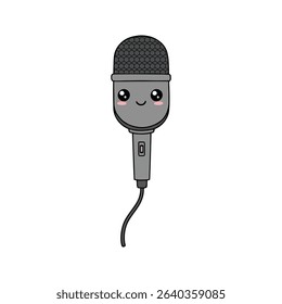 Cute cartoon microphone illustration with kawaii style design and happy face expression