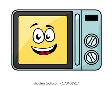 Cute Cartoon Microwave Oven With A Cheerful Yellow Smiling Face Behind The Glass Door, Vector Illustration Isolated On White