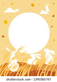 Cute cartoon Mid Autumn landscape with copy space, Vector Autumn with full moon and rabbits, Autumn or Fall for Banner, Sale, Card and template background 