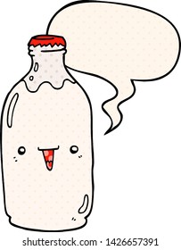 cute cartoon milk bottle with speech bubble in comic book style