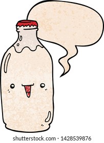 cute cartoon milk bottle with speech bubble in retro texture style