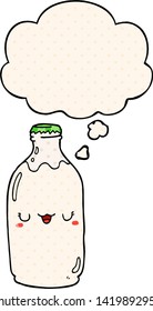 cute cartoon milk bottle with thought bubble in comic book style