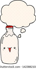 cute cartoon milk bottle with thought bubble in comic book style