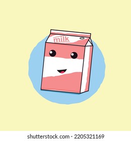 Cute cartoon milk box character. Kawaii milk carton with drinking straw and smiling face. Isolated vector clip art illustration.