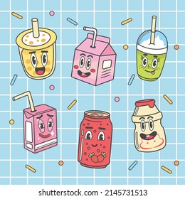 Cute cartoon milk box characters: strawberry, chocolate and regular milk. Kawaii milk cartons with drinking straw and smiling face. Isolated vector clip art illustration set.