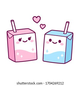 Cute cartoon milk box couple, girl and boy, strawberry and regular milk. Two kawaii drink cartons with smiling faces and doodle hearts. Isolated vector clip art illustration.