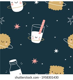 Cute cartoon milk and cookies in space. Sweet planet - planet cookie, planet milk and stars. Seamless pattern