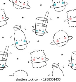 Cute Cartoon Milk And Cookies In Space. Sweet Planet - Planet Cookie, Planet Milk And Stars. Seamless Pattern