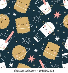 Cute cartoon milk and cookies in space. Sweet planet - planet cookie, planet milk and stars. Seamless pattern