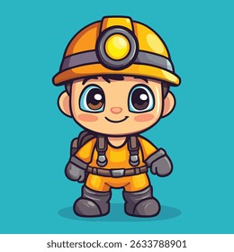 A cute cartoon miner character with a yellow hard hat, headlamp, backpack, and orange uniform, smiling with big brown eyes.