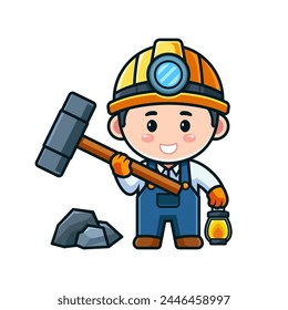 Cute cartoon miner worker holding hammer