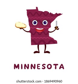 Cute Cartoon Minnesota State Character Clipart. Illustrated Map Of State Of Minnesota Of USA With State Name. Funny Character Design For Kids Game, Sticker, Cards, Poster. Vector Stock Illustration.