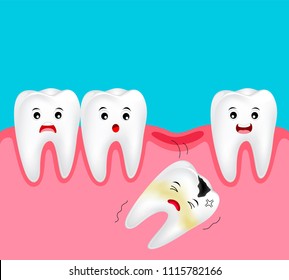 Cute cartoon missing tooth. Dental cartoon character. Dental care concept. Illustration isolated on blue background.