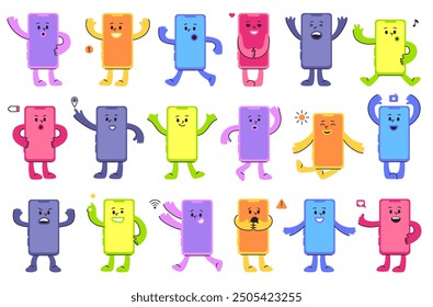 Cute cartoon mobile phone mascots. Smartphone characters with various facial expressions and action poses. Playful colorful phones vector illustrations set.