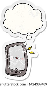 cute cartoon mobile phone with thought bubble as a distressed worn sticker
