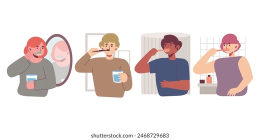 Cute dibujos animados personajes modernos cepillado de dientes conjunto aislado Ilustración vectorial