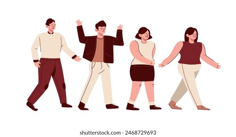 Cute cartoon modern characters walking set isolated vector illustration