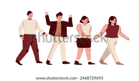 Cute cartoon modern characters walking set isolated vector illustration