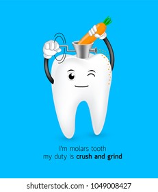 Cute cartoon molar tooth crush and grind carrot. Dental care concept. Illustration isolated on blue background.