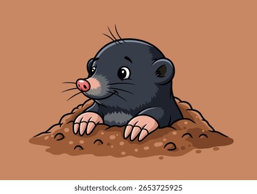 Cute Cartoon Mole Peeking from Hole - Adorable Underground Mammal Illustration for Kids' Nature and Garden Designs. Vector Illustration