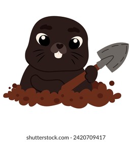 Cute cartoon mole with shovel. Vector illustration isolated on white background.