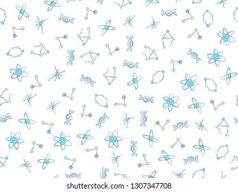 Cute cartoon molecular seamless pattern. DNA molecule, atoms and atomic structure, proton and electron science elements in repeatable seamless pattern, cartoon style. Molecular seamless pattern, atom