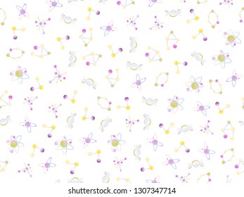 Cute cartoon molecular seamless pattern. DNA molecule, atoms and atomic structure, proton and electron science elements in repeatable seamless pattern, cartoon style. Molecular seamless pattern, atom