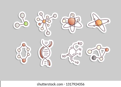 Cute cartoon molecule and atom icon set. Atomic and molecular illustration. Structure of molecula and atom with electron orbit, proton and scheme of DNA, Molecule model line cartoon set. Structure of