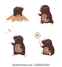 Cute cartoon moles set. Vector illustration for kids