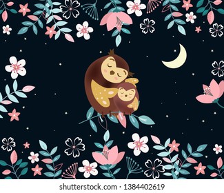 Cute cartoon mom and baby owl in night garden,illustration vector doodle comic art for any card.