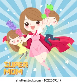 cute cartoon mom with children on the blue background