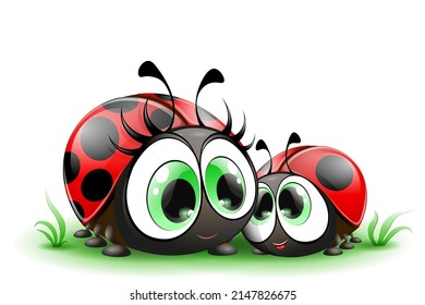 Cute cartoon mom and kid ladybugs with big eyes. Isolated.