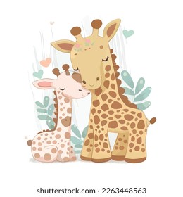 a cute cartoon mommy giraffe hugging baby giraffe sur