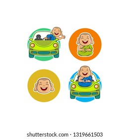 Cute Cartoon Monk Mascot Set. Sitting on car, Driving a car, Sitting Sticker, Head Sticker. Vector illustration isolated - Vector