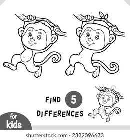 Cute cartoon Monkey animal, Find differences educational game for children, black and white activity page