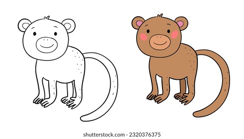 Cute cartoon monkey. Аfrican animal. Illustration for coloring book.Vector.