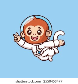 Cute Cartoon Monkey Astronaut Floating In Space And Peace Sign  Vector Icon Illustration. Science Animal Icon Concept Isolated Premium Vector. Animals Cartoon Style