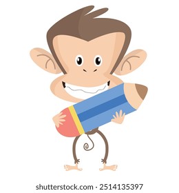 Cute Cartoon Monkey Back To School Learning With Pencil